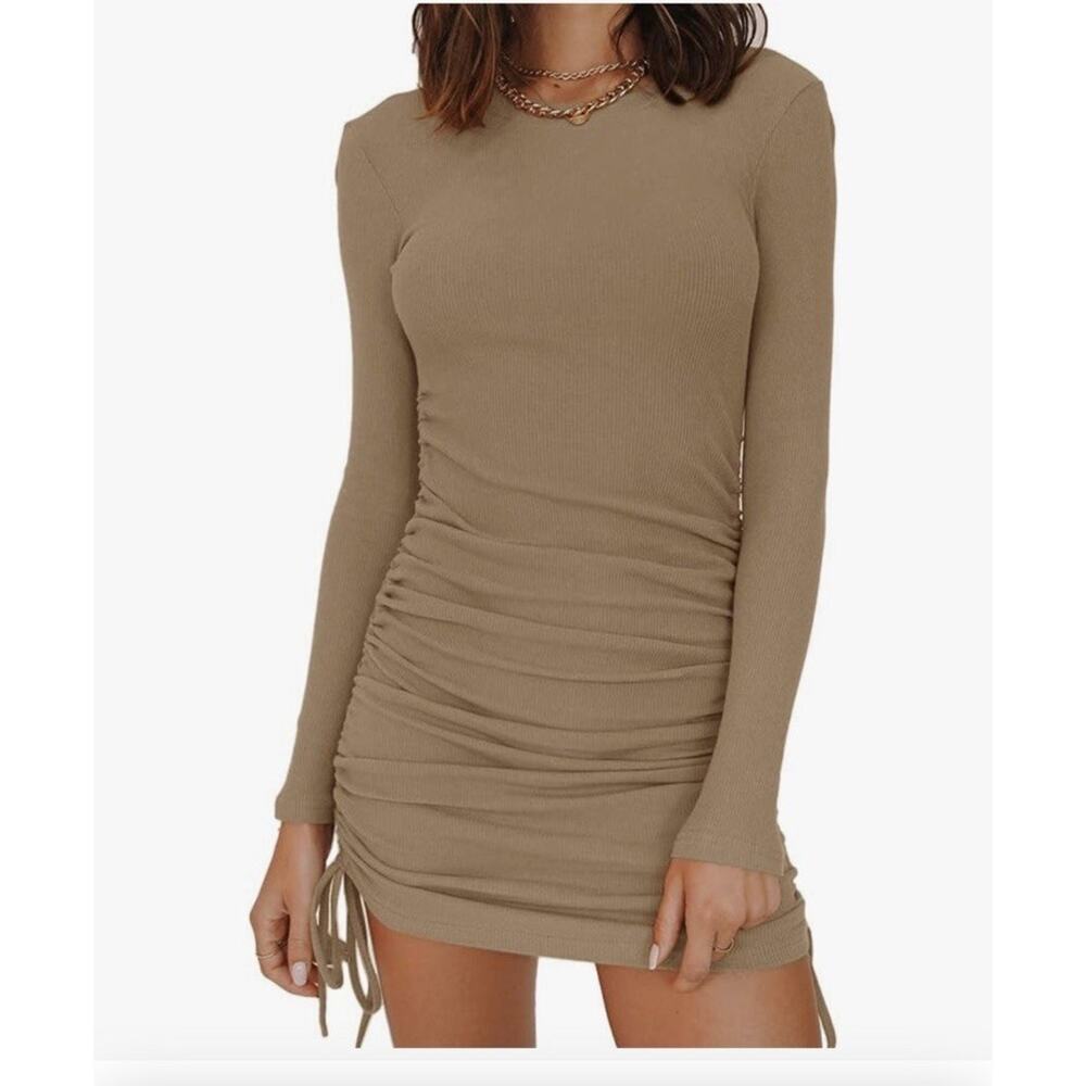 MiiVoo Mini Dress Womens Large Long Sleeve Ruched Drawstring‎ Bodycon Sexy Beige